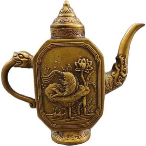 Chinese traditional style antique pure copper Gilding carving lotus flower Fish dragon shape crafts teapot Wine Pot statue 620g