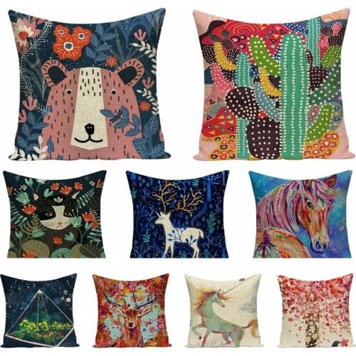 Retro Art Nordic Animal Linen Printed Square Pillowcase Deer And Fox Cushions Home Decor Decorative Pillow Sofa Throw Pillows