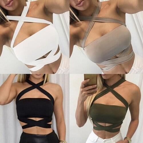 2020 Summer Sexy Female Crop Top Cross Neck Straps Women Tank Top Solid Fitness Lady Camis Casual White Black Khaki