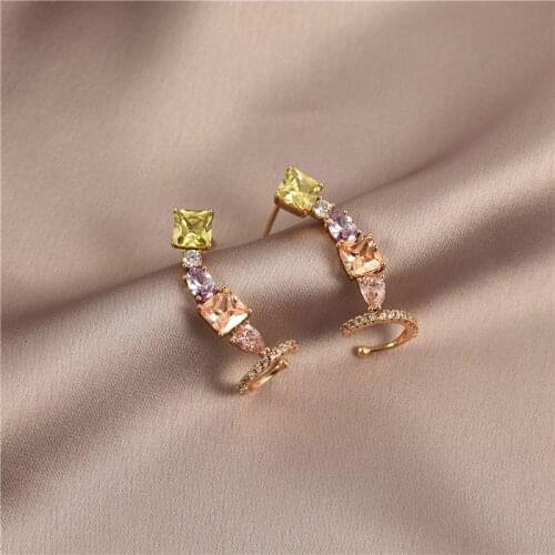 Trendy Female Crystal Geometry Small Earrings Charm Gold Color Stud Earrings Cute Rainbow Zirconia Wedding Earrings For Women