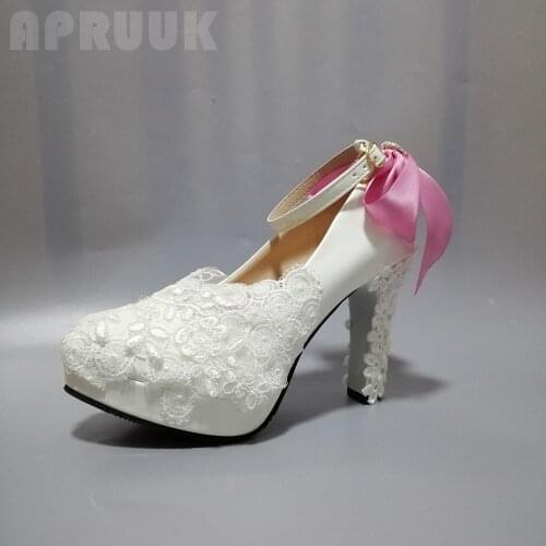 Block heels lace pumps for woman 11CM heels white lace pink satin bow wedding pumps shoes woman ladies brides party shoes