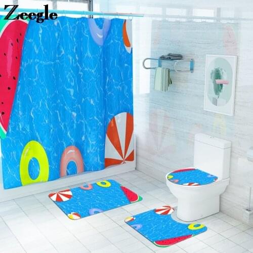 Non-slip Foot for Bathroom Carpet Rug Summer Style Shower Curtain and Flannel Bath Mat Set Home Decor Toilet Mat U-Shaped Rug
