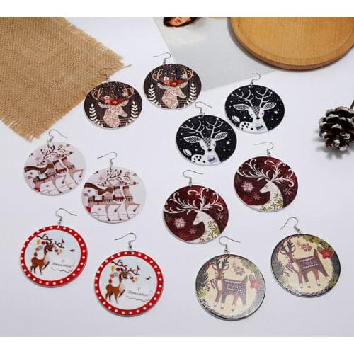2021 Newest Large Round Wood Christmas Earrings for Women Girls Cute Colored Merry Christmas Deer Santa Claus Print Wood Jewelry