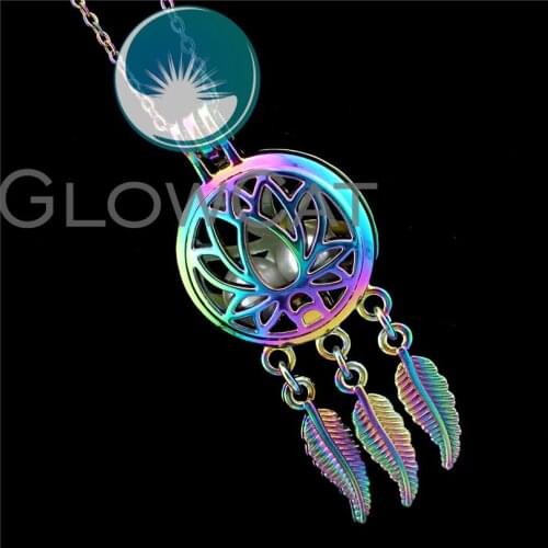 R-C731 Colorful Dream Catcher Lotus Flower Beads Cage Pendant Perfume Diffuser Aromatherapy Pearl Cage Locket Necklace