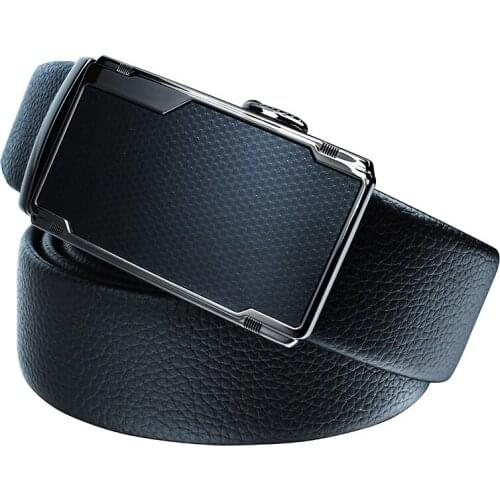 Black Leather Men Belt for Dress Slide Gun Plated Automatic Buckle Mens Belt Clear Textured Strap Belts