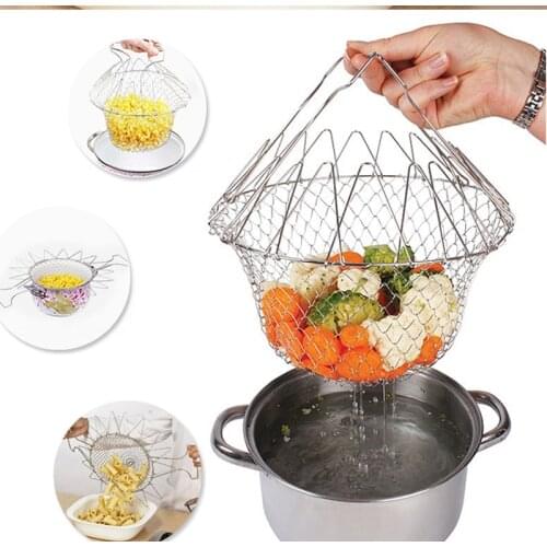 Stainless Steel Foldable Steam Rinse Strain Fry Chef Basket Potato Chips Strainer Magic Basket Mesh Basket Strainer Kitchen