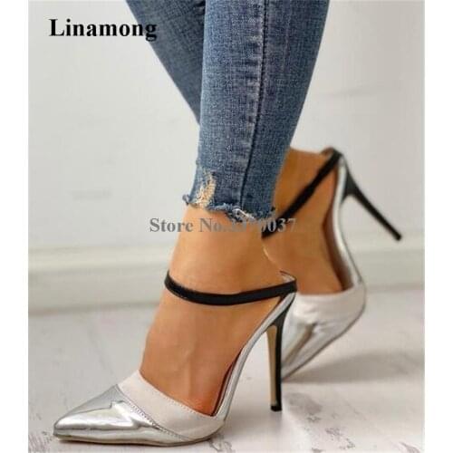 New Design Women Fashion Pointed Toe Stiletto Heel Pumps Silver Toe Patchwork Ankle Strap High Heels Dress Shoes Heels