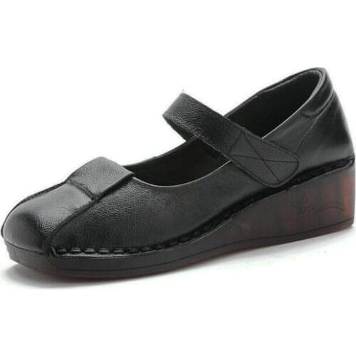 Promotion Sale Classic Retro Mother Genuine Leather Shoes Wedges Soft Sole Non-slip Comfortable Shoes Woman High Heel Shoes 4cm