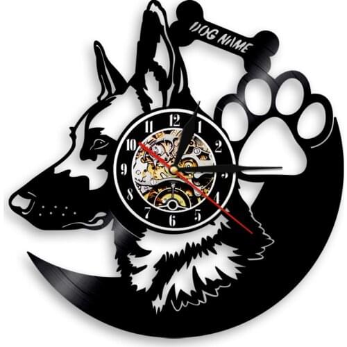 Animal Custom Dog Name Vinyl Record Wall Clock 1Piece German Shepherd Dog Loyal Friend Pet Creative Timepiece Art Best Gift