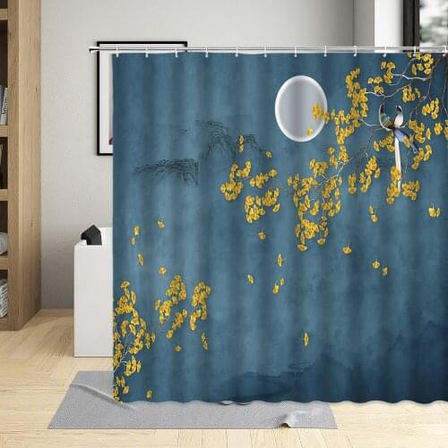 Chinese Style Shower Curtain Ink Flower Bird Plant Orchid Landscape Scenery Pattern bathroom Polyester Cloth Curtains Hooks Se