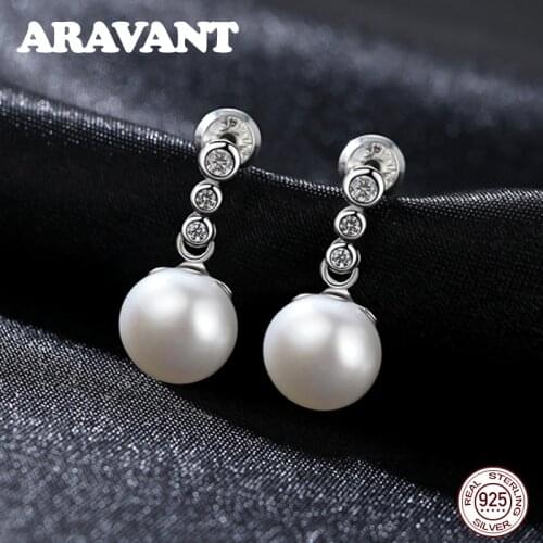 Freshwater Pearl Stud Earrings For Women 925 Sterling Silver Pave AAA+ Cubic Zirconia Earring Silver Jewelry