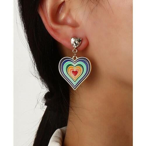 Fashion Sweet Rainbow Double Peach Heart Stud Earrings for Women Retro Dropping Oil Crystal Earrings Girls Birthday Gift Jewelry