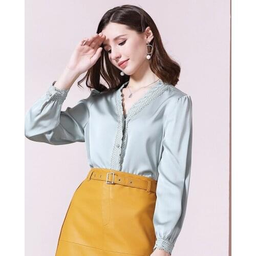 Women tops and blouses blue chiffon lace floral high quality 2020 summer office shirts long sleeve casual sexy plus size loose