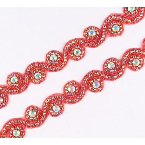 10Yard Handmade Chic Red Wedding Crystal Rhinestone Applique Trim Yard Luxury Hot Fix Beaded Trimming For DIY Girl Dress/Shoes