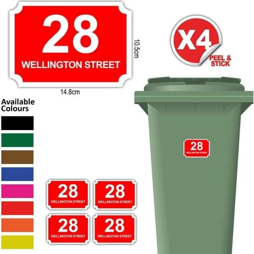 4X Personalised Printed Wheelie Bin Number Stickers House Number And Street Name Classic Style