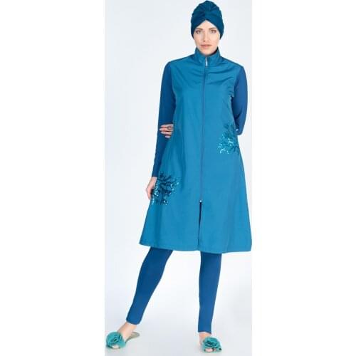 Alfasa 366 Long Sleeve The Tights Sequin Detailed Full Off Hijab Swimwear Petrol