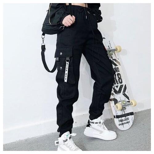 Black Cargo Pants Women Fashion Pockets Patchwork Hippie Trousers Fake Zipper Woven High Waist Streetwear Pants