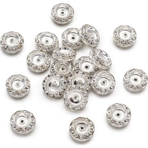20pc 9mm 11mm 13mm 15mm Flat Round Brass Crystal Rhinestone Spacer Beads for DIY Bracelet Jewelry Making Findings Silver Color