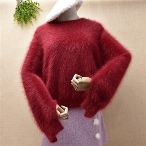 Ladies women fashion hairy fuzzy mink cashmere knitted long sleeves loose pullover angora rabbit fur winter jumper sweater pull