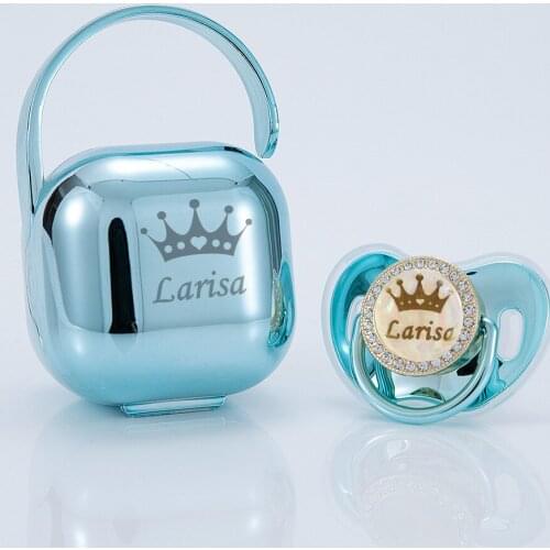 MIYOCAR personalized Metallic gold blue bling pacifier and pacifier storage box Nipple Storage set case holder