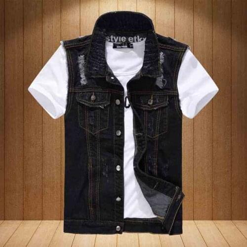 Summer Autumn Casual Man Ripped Hole Sleeveless Black Denim Vest Coat , Fall Spring Men Male Cardigan Distressed Jeans Vests