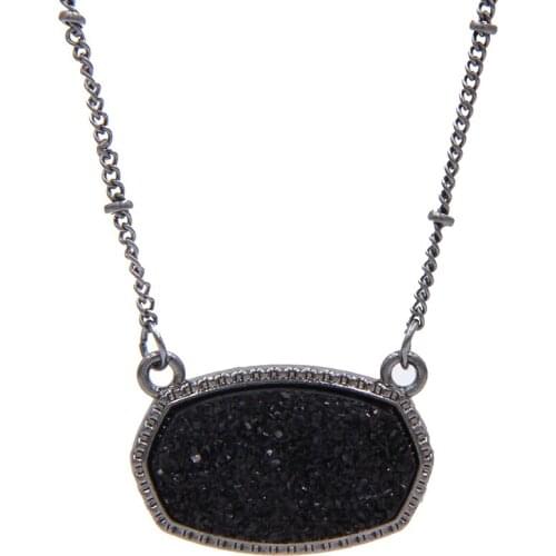 Pendant Necklace For Women Faux Crystal Druzy Fashion Jewelry Iridescent Cameo Sparkly Glitter Gun Black