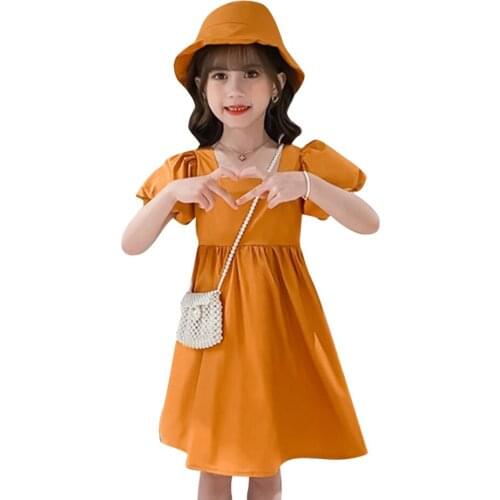Dress For Girls Puff Sleeve Dress For Girl Solid Color Children Dress Summer Costume For Girls 6 8 10 12 14