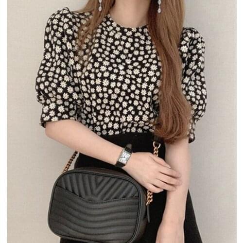 Daisy Print O-neck Pullover Loose Puffs Sleeve Shirt Women 2021 Summer Fashion Blouses Slim Crop Tops Streetwear
