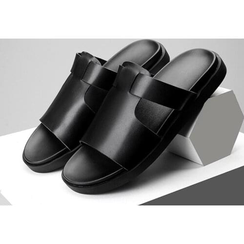 Popular Men Fashion Outdoor New Style Personality Beach Slippers Men Genuine Leather Comfortable Soft Leather Black Beach Shoes