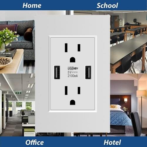 US Socket With 2 Usb Socket Port Charger 5V 2100mA White Wallpad Luxury Wall Double USB Electric Power Outlet PC Panel
