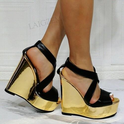 SEIIHEM Platform Sandals Wedges Open Toe Faux Leather Sandalia Feminina Party Club Slip On Shoes Women Large Size 44 47 50 52