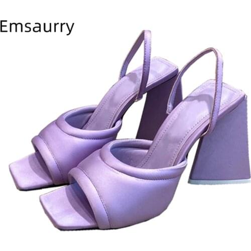 Luxury Satin Back Strap Sandals Women Summer Triangle Chunky Heel Square Open Toe Slim Runway Mules For Girls