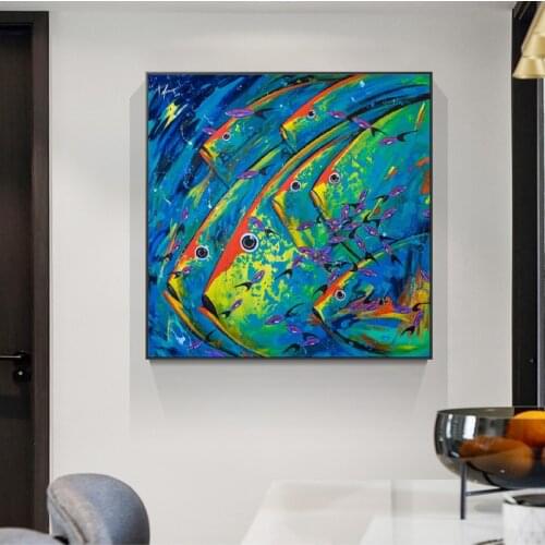 Modern Oil Painting Printed on Canvas Colorful Fish Animal Abstract Posters and Prints Wall Picture for Kids Room Interior Decor