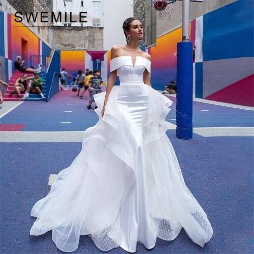 SWEMILE Detachable Mermaid Wedding Dresses 2020 Satin 2 In 1 Elegant Boat Neck White Bride Gowns Customized Vestido De Novia