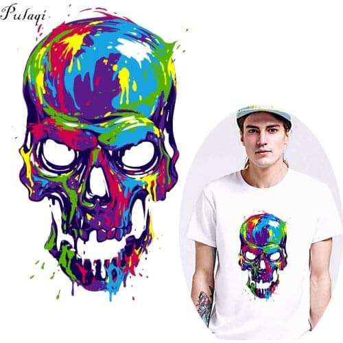 Pulaqi Skull Flower Iron On Heat Transfer For Clothing Summer Fabric Badge Stickers Clothes Jeans Washable Decor PatchesParches