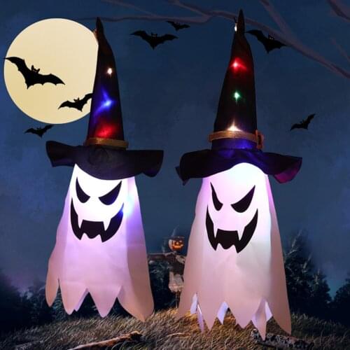 Halloween Decoration LED Flashing Light Gypsophila Ghost Festival Dress Up Glowing Ghost Witch Hat String Light Hanging Lantern