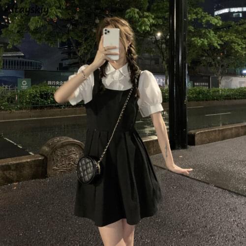 Sets Women Button Short Sleeve Shirts A-line Mini Bandage Dresses 2 Pieces Korean Japanese Style Summer Streetwear Trendy New