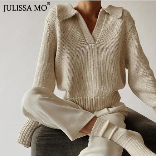 JULISSA MO Long Sleeve Knitted Loose Sweater Tops Women Autumn Fashion Turn-down Collar Pullover Femme Casual Sweater Clothing