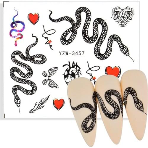1 Sheet 2021 Fashion Nail Stickers Snake Animal Design Black Snake Tattoo Manicure Dragon Nail Decals Slider Water Wraps Tool
