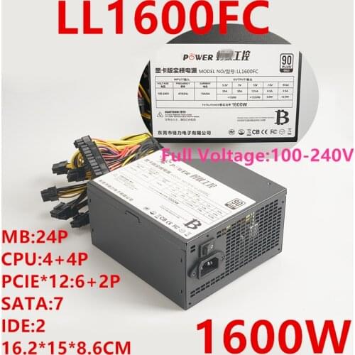 New Original PSU For Ant Seiko Support 6 Cards 370 380 380X 470 480 570 1060 Rated 1500W Peak 1600W Power Supply LL1600FC