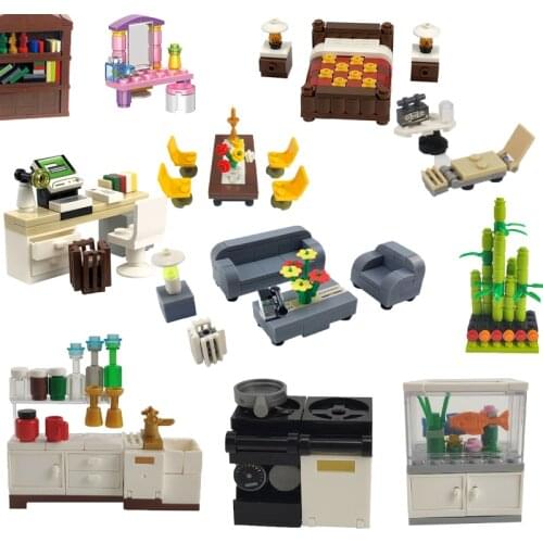 Locking City Fish Tank Bed Dressing Table Desk Sofa Dining Bamboo Compatible With Classic Childrens Toy Sets For MOC Citys