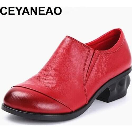 CEYANEAO 2019 AUTUMN WOMEN GENUINE LEAHTER CASUAL SHOES THICK HEEL FEMALE SHOES SIZE 35-40 E1961