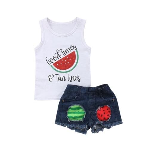 Kids Baby Girl Watermelon Vest Tops+Shorts Pants Ripped 2PCS Clothes Outfits Size 2-6T
