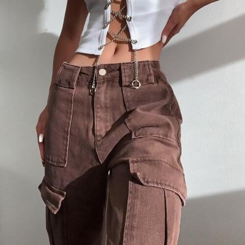 IAMSURE Loose Oversize Brown Jeans Women 2021 Casual High Waisted Cargo Pants With Pockets Vintage Cotton Trousers Streetwear