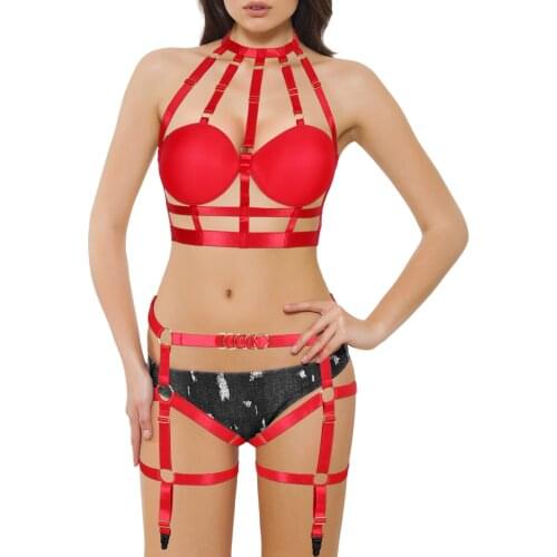 Fetish Women Harness Body Bondage Lingerie Set Elastic Strappy Crop Tops Cage Bra Adjustable Garter Belt Stockings Suspenders