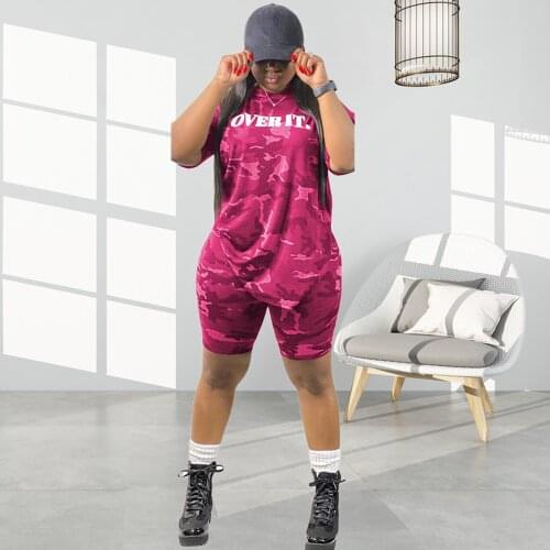 Camouflage Letter Print Two Piece Tracksuit Womens Sport Suit Short Sleeve Plus Size T-shirt and Biker Short Oversize XL-5XL
