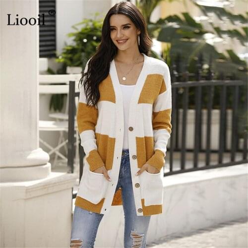 Liooil Casual Color Block Cardigan Coat Women 2020 Patchwork Button Up Long Sleeve With Pockets Womens Fall Winter Knit Sweater
