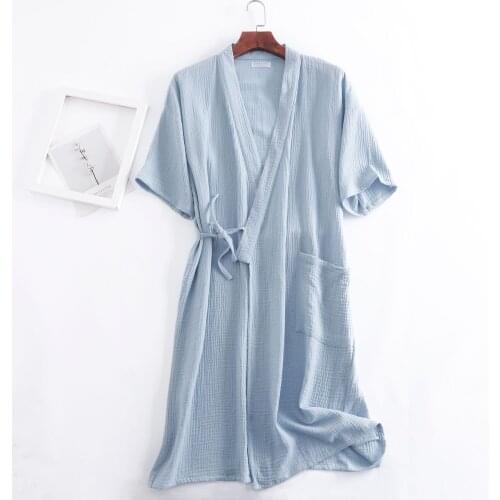 Summer 100% Cotton Gauze Crepe Short Sleeve Robes for Women and Men Solid Bathrobe Loose Soft Japanese-style Kimono Robe 2021