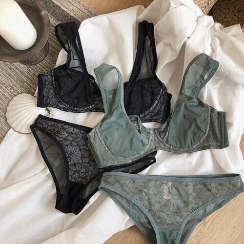 Fashion grenadine bras underwear women set plus size lingerie sexy C D cup Ultrathin transparent bra panties lace bra set black