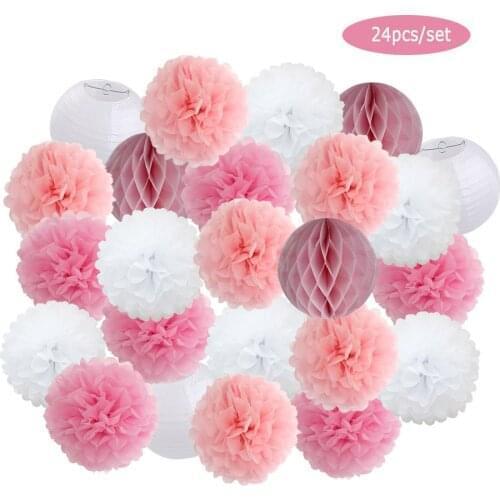 Blue Pink Set 6\ 8\10\12\ Round Paper Lantern For Baby Boy Girl Shower Decor Wedding Party Decoration Hanging Paper Pompoms